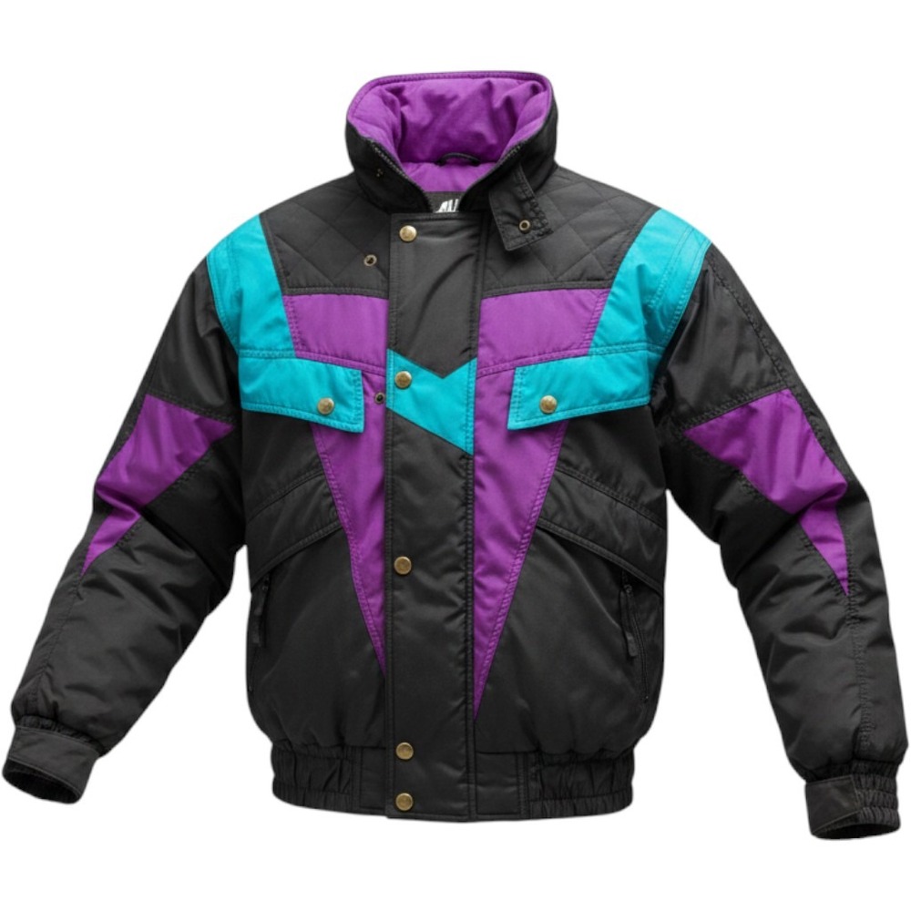 Vintage 90s Hot Music Womens S Colorblock Ski Jacket Neon Purple Teal Black